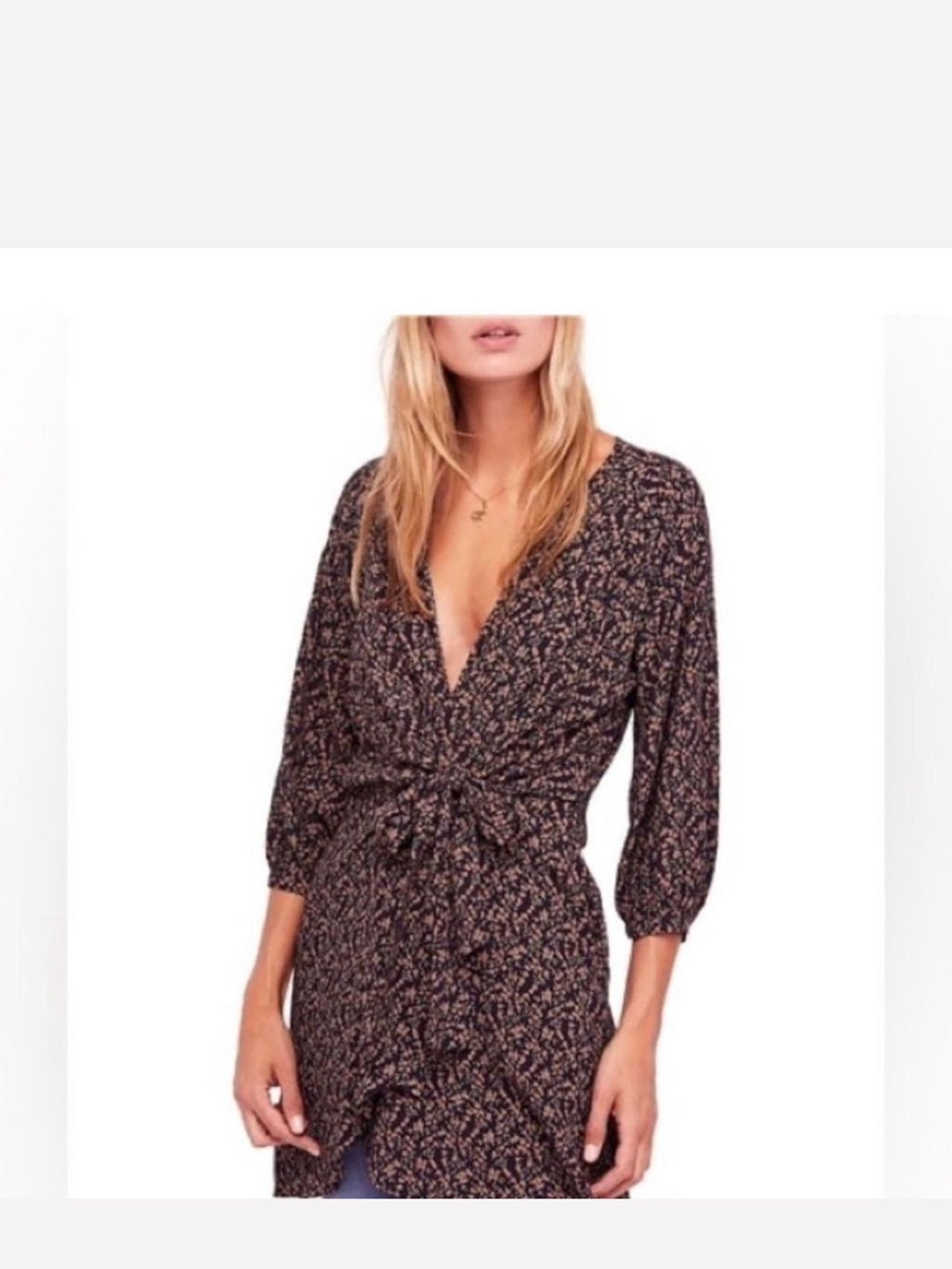 Free people Clara Tunic Mini Dress L Black Floral AdjustableTie